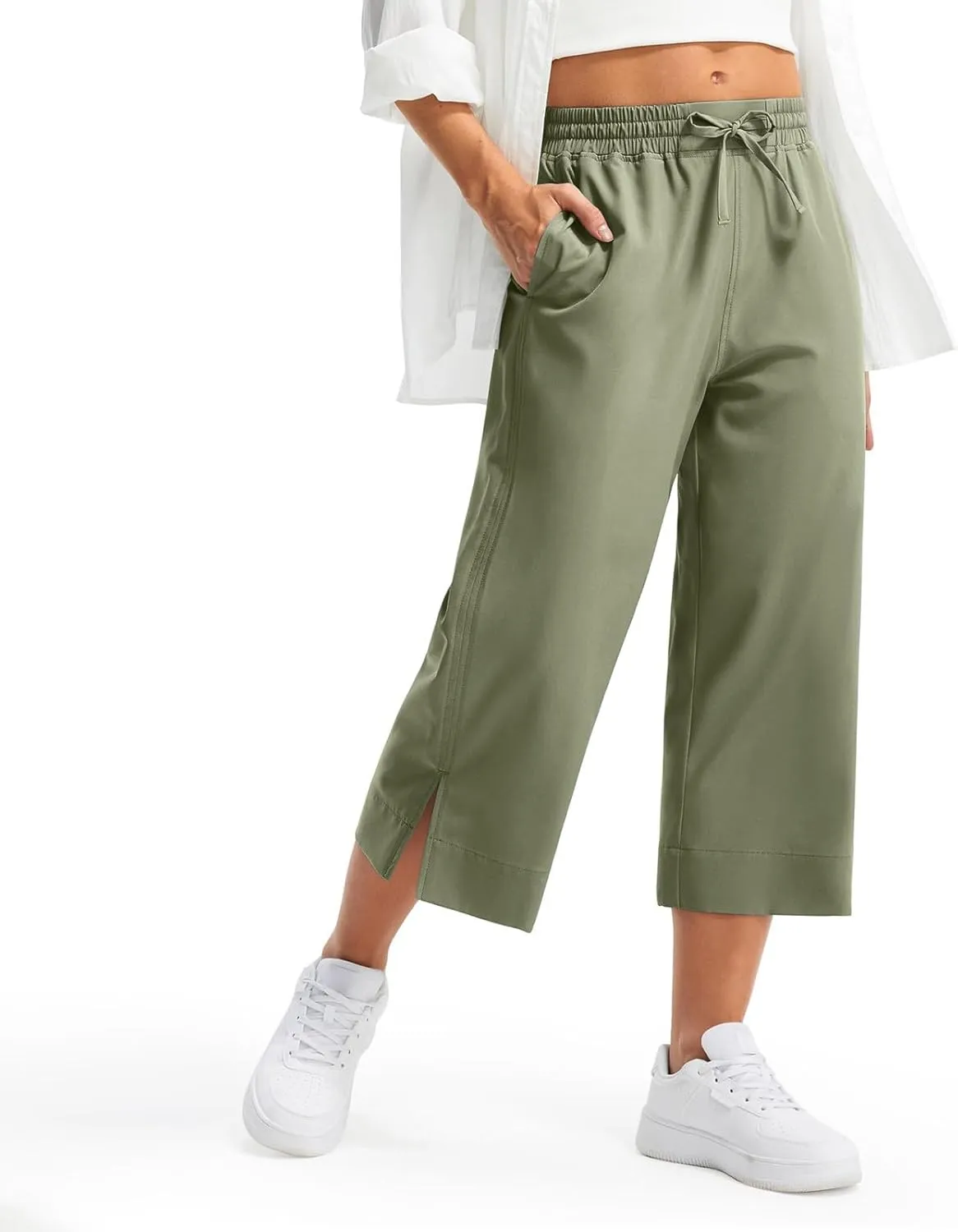 Casual Capri Pants for Women Summer Lightweight Drawstring Waist Lounge Pants with Pockets Split Hem Travel Capris