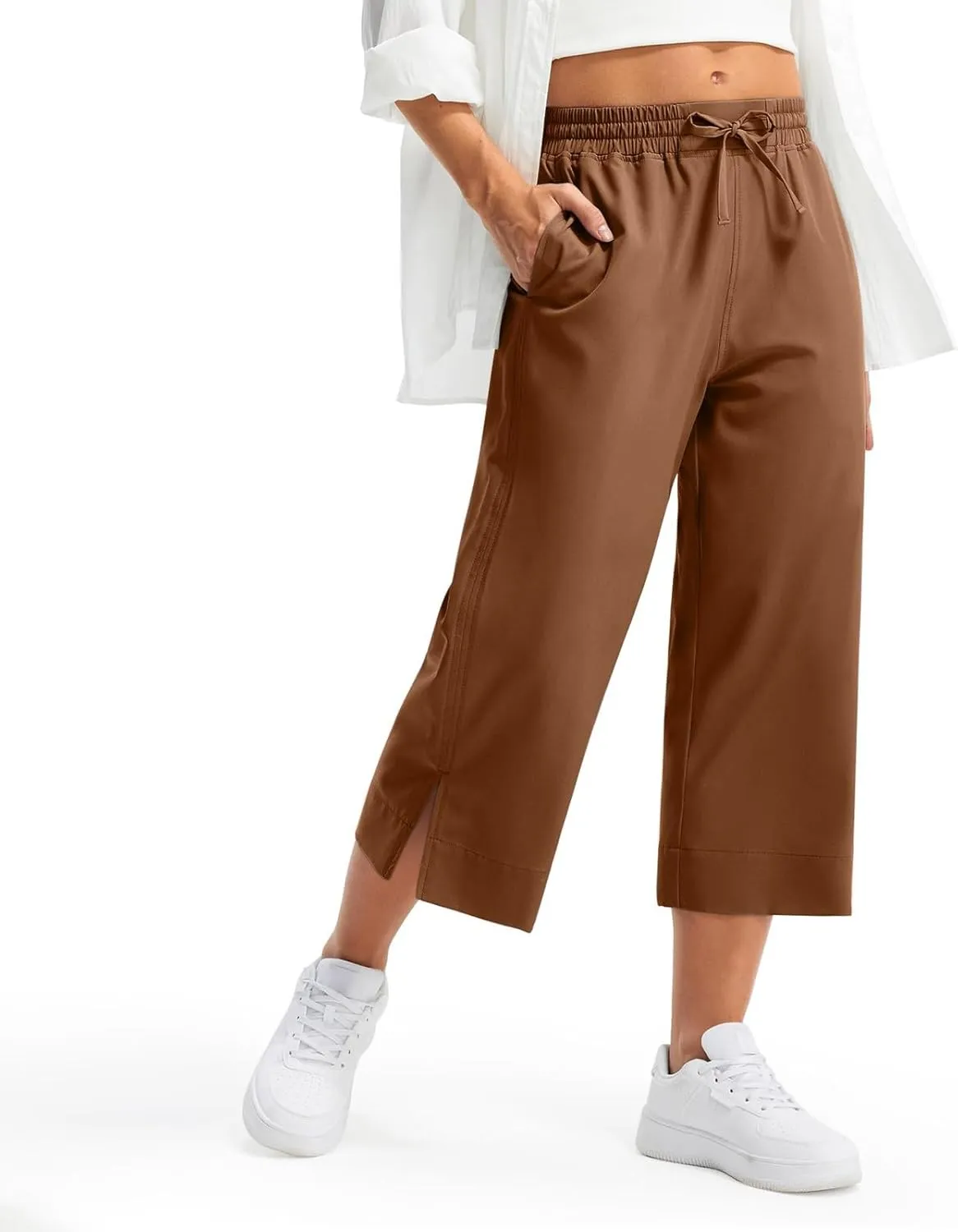 Casual Capri Pants for Women Summer Lightweight Drawstring Waist Lounge Pants with Pockets Split Hem Travel Capris