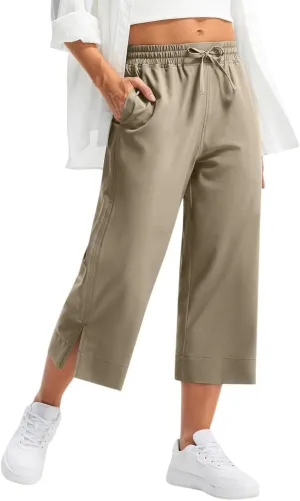 Casual Capri Pants for Women Summer Lightweight Drawstring Waist Lounge Pants with Pockets Split Hem Travel Capris