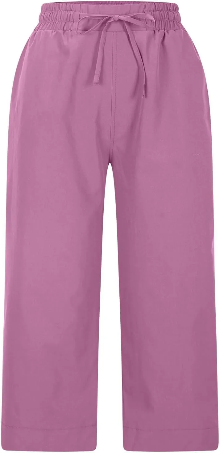 Casual Capri Pants for Women Summer Lightweight Drawstring Waist Lounge Pants with Pockets Split Hem Travel Capris