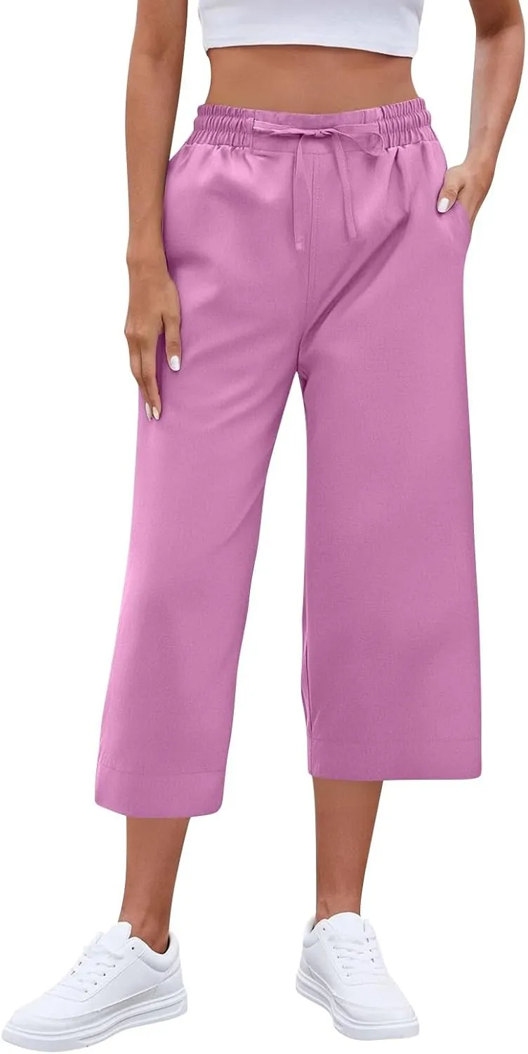 Casual Capri Pants for Women Summer Lightweight Drawstring Waist Lounge Pants with Pockets Split Hem Travel Capris