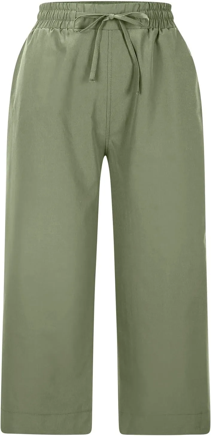 Casual Capri Pants for Women Summer Lightweight Drawstring Waist Lounge Pants with Pockets Split Hem Travel Capris
