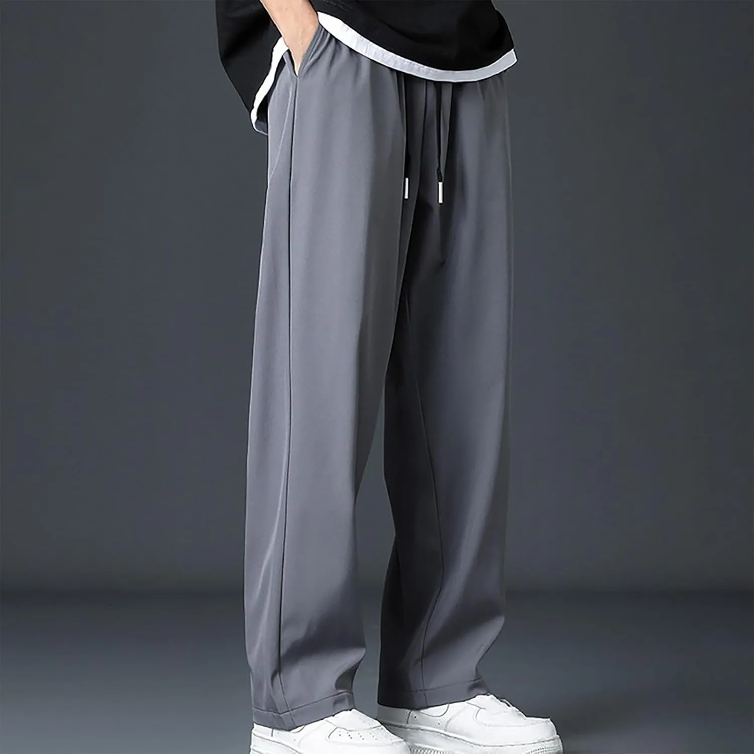 Casual Pants for Men Elastic Waist Lightweight Breathable Pants Summer Straight Loose Trousers with Pockets