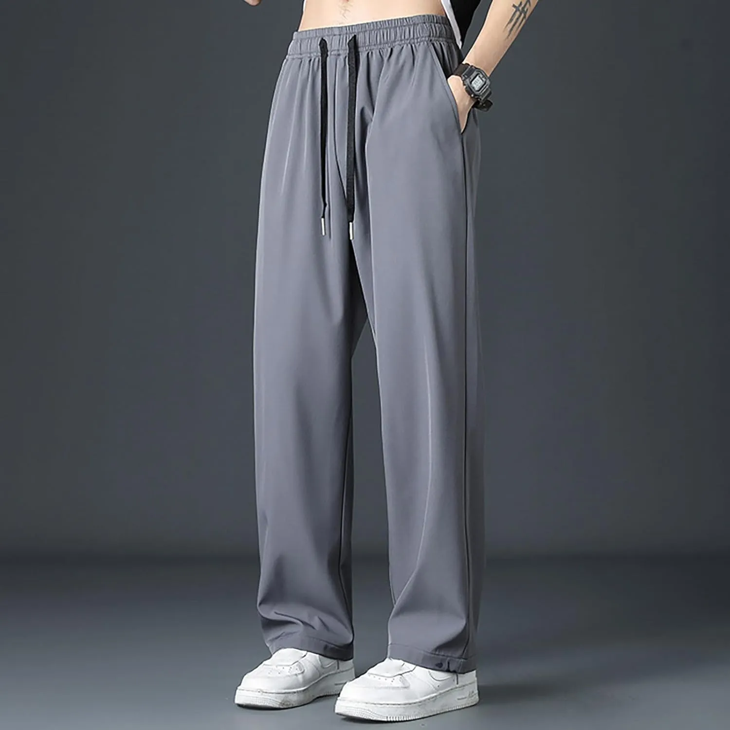 Casual Pants for Men Elastic Waist Lightweight Breathable Pants Summer Straight Loose Trousers with Pockets
