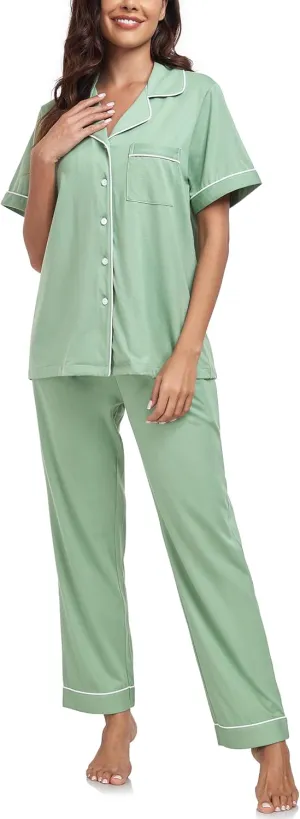 CF Womens 100% Cotton Pajamas Set Button Down Pjs Sets Short Sleeve Top & Long Pants Sleepwear Comfy Loungewear with Pockets