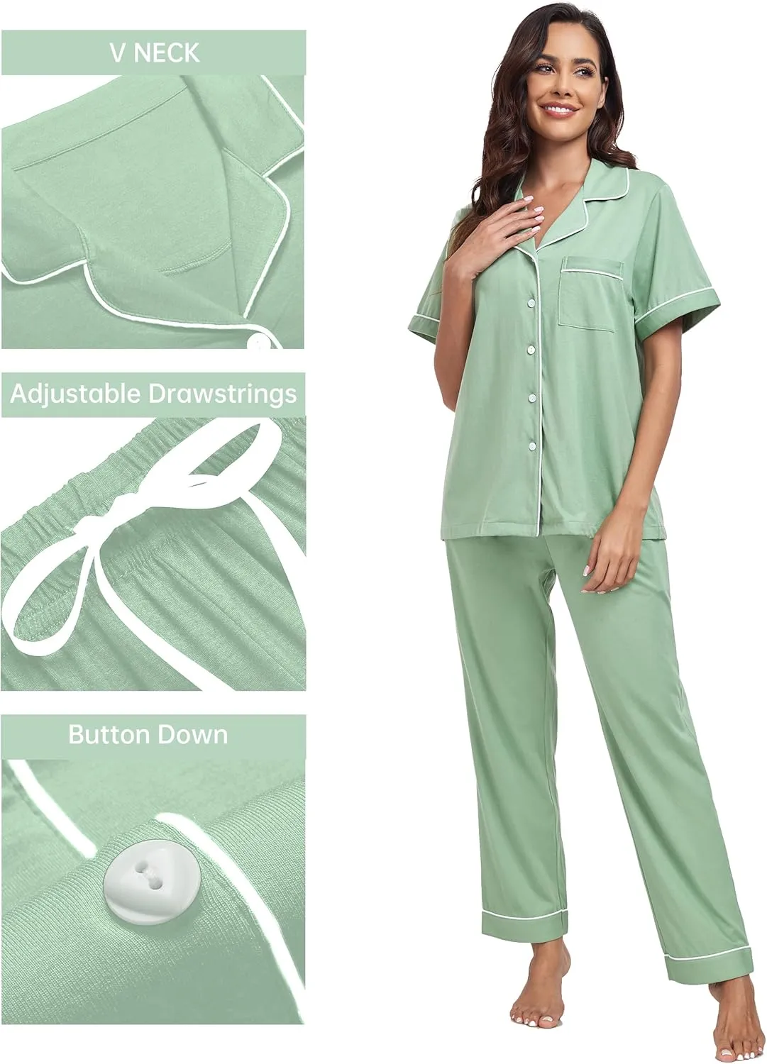 CF Womens 100% Cotton Pajamas Set Button Down Pjs Sets Short Sleeve Top & Long Pants Sleepwear Comfy Loungewear with Pockets