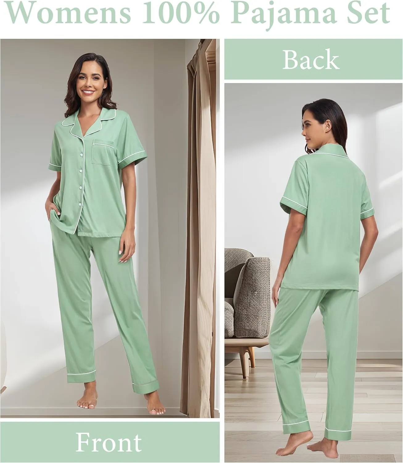 CF Womens 100% Cotton Pajamas Set Button Down Pjs Sets Short Sleeve Top & Long Pants Sleepwear Comfy Loungewear with Pockets