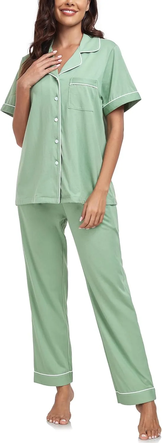 CF Womens 100% Cotton Pajamas Set Button Down Pjs Sets Short Sleeve Top & Long Pants Sleepwear Comfy Loungewear with Pockets