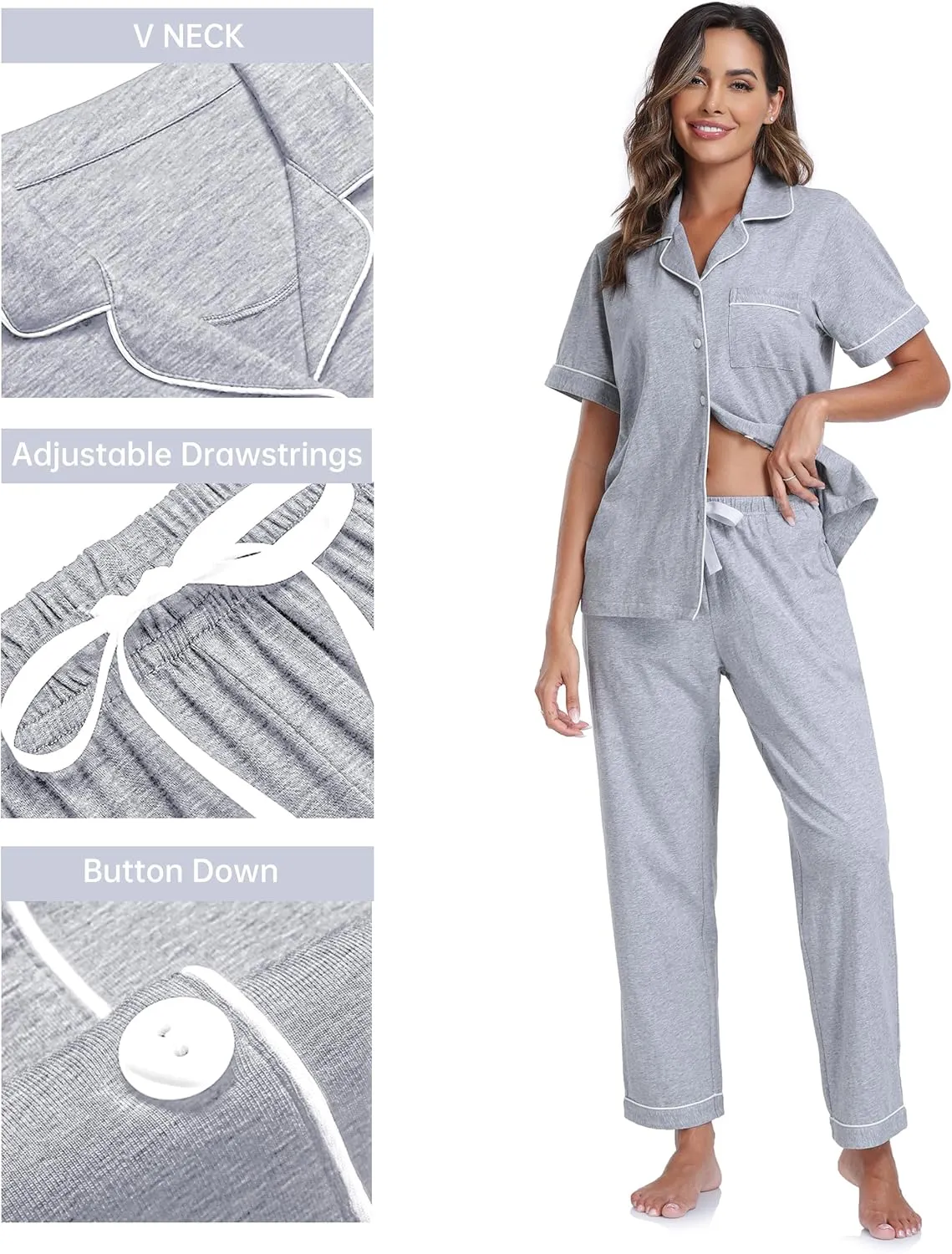 CF Women's 100% Cotton Pajamas Set Short Sleeve Top & Long Pants Sleepwear Button Down Pjs Sets Comfy Loungewear with Pockets