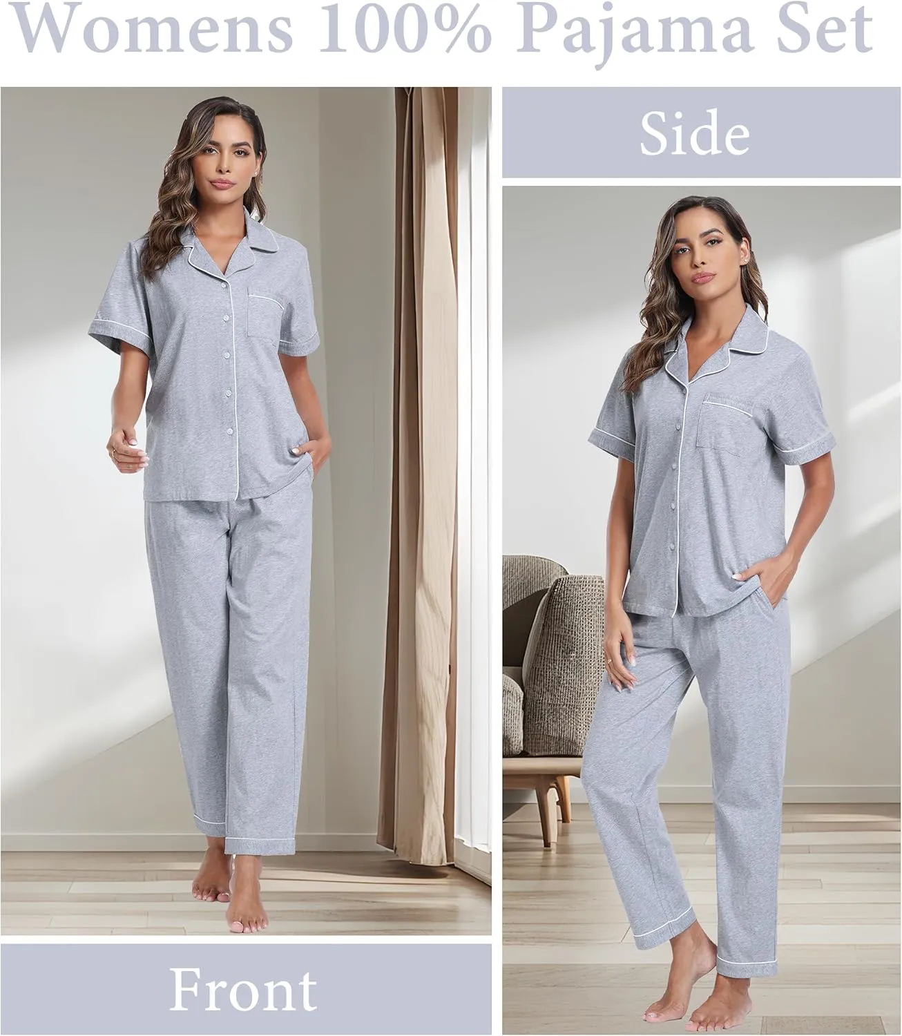 CF Women's 100% Cotton Pajamas Set Short Sleeve Top & Long Pants Sleepwear Button Down Pjs Sets Comfy Loungewear with Pockets
