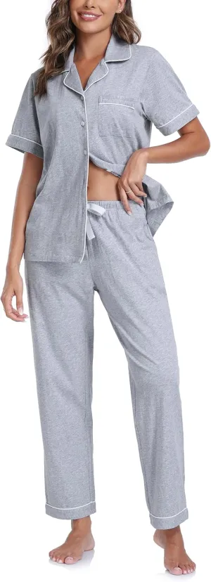 CF Women's 100% Cotton Pajamas Set Short Sleeve Top & Long Pants Sleepwear Button Down Pjs Sets Comfy Loungewear with Pockets