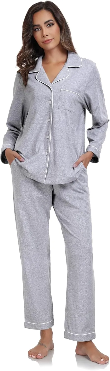 COLORFULLEAF Women's 100% Cotton Long Sleeve Pajama Sets Button Down Notched Collar Sleepwear Soft Lounge Pjs with Pockets