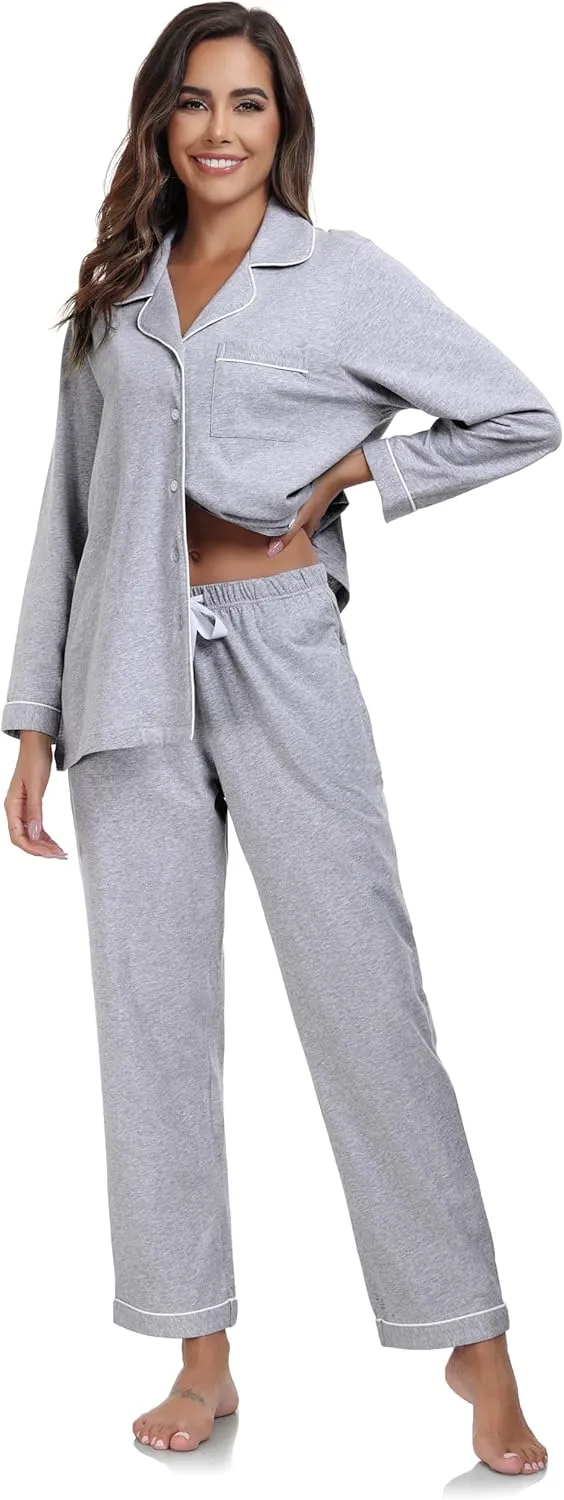 COLORFULLEAF Women's 100% Cotton Long Sleeve Pajama Sets Button Down Notched Collar Sleepwear Soft Lounge Pjs with Pockets