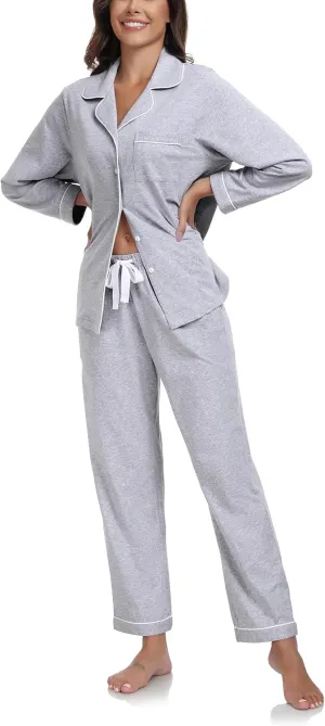COLORFULLEAF Women's 100% Cotton Long Sleeve Pajama Sets Button Down Notched Collar Sleepwear Soft Lounge Pjs with Pockets