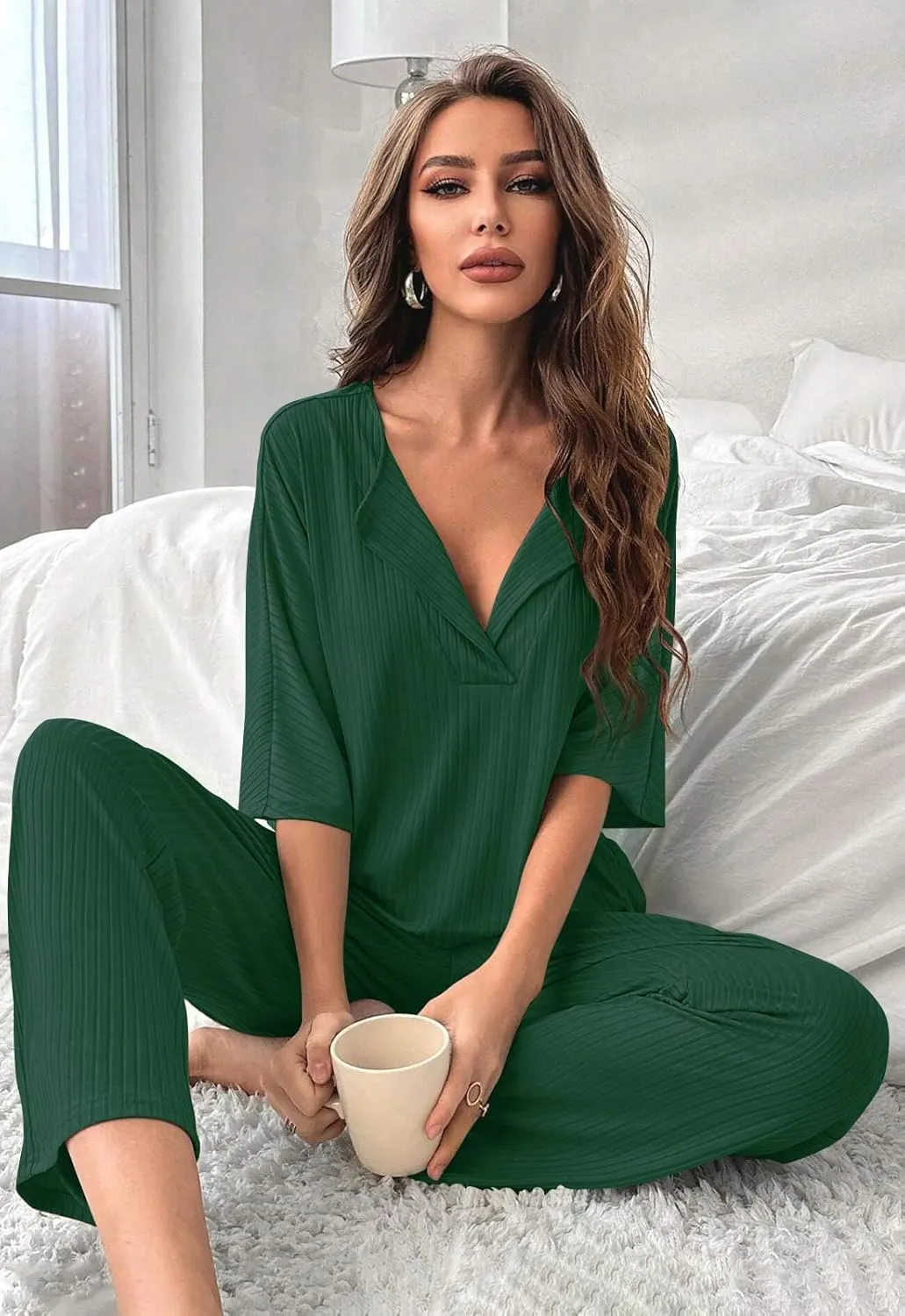 COSSEN Women’s 2 Piece Pajamas Set Ribbed Knit Loungewear Casual Outfits 3/4 Sleeve Tops and Wide Leg Pants Set