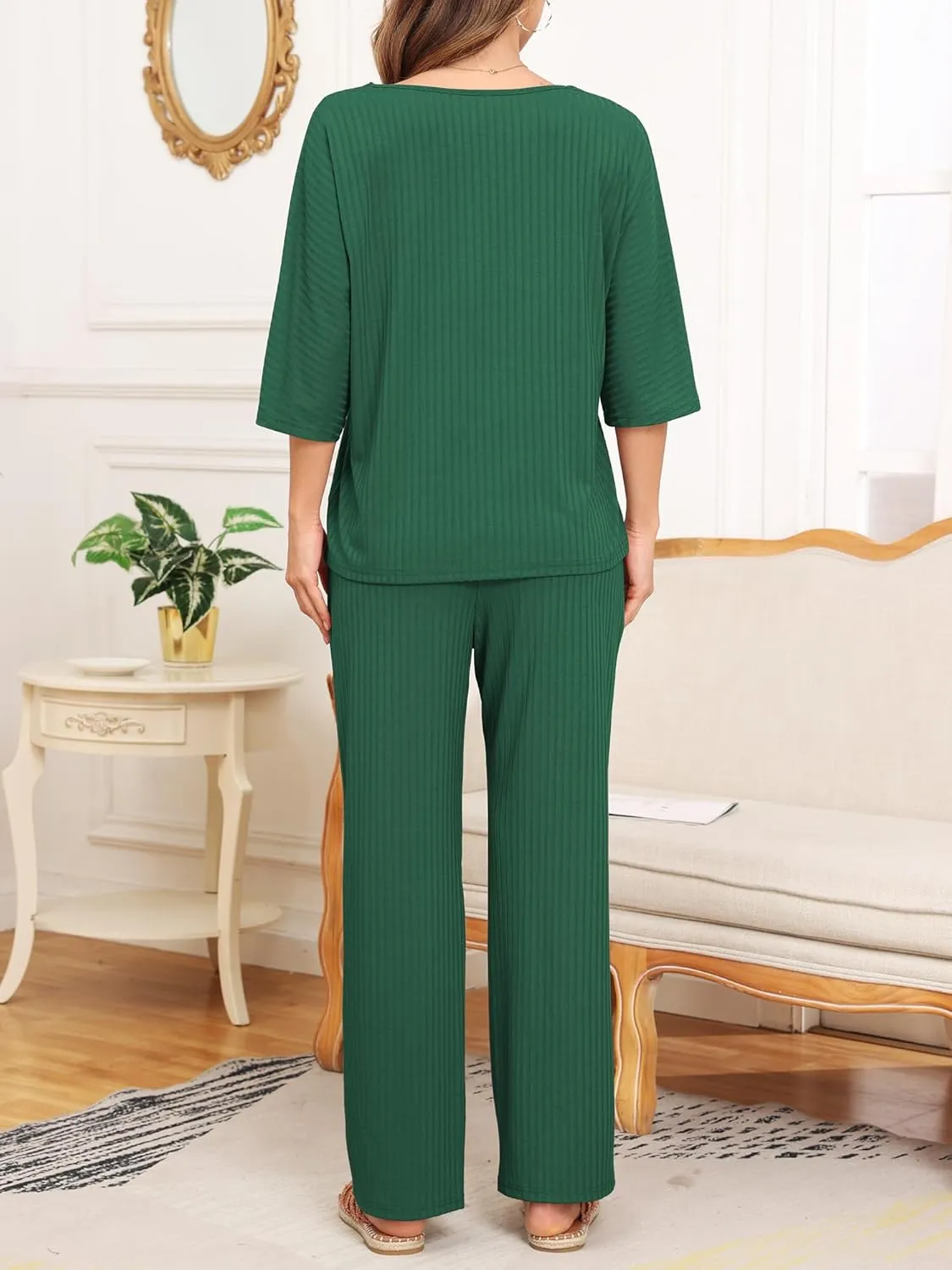 COSSEN Women’s 2 Piece Pajamas Set Ribbed Knit Loungewear Casual Outfits 3/4 Sleeve Tops and Wide Leg Pants Set