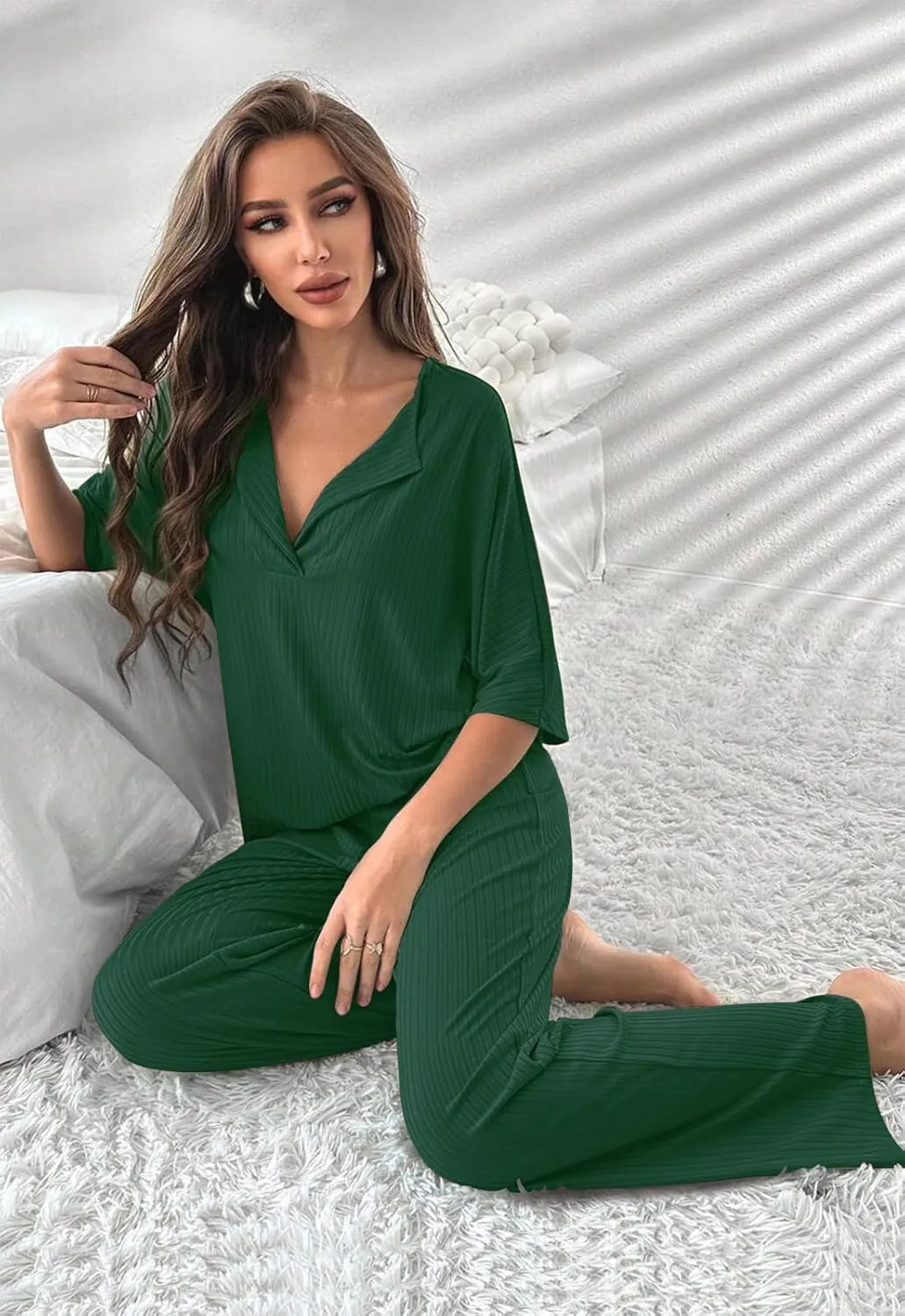 COSSEN Women’s 2 Piece Pajamas Set Ribbed Knit Loungewear Casual Outfits 3/4 Sleeve Tops and Wide Leg Pants Set