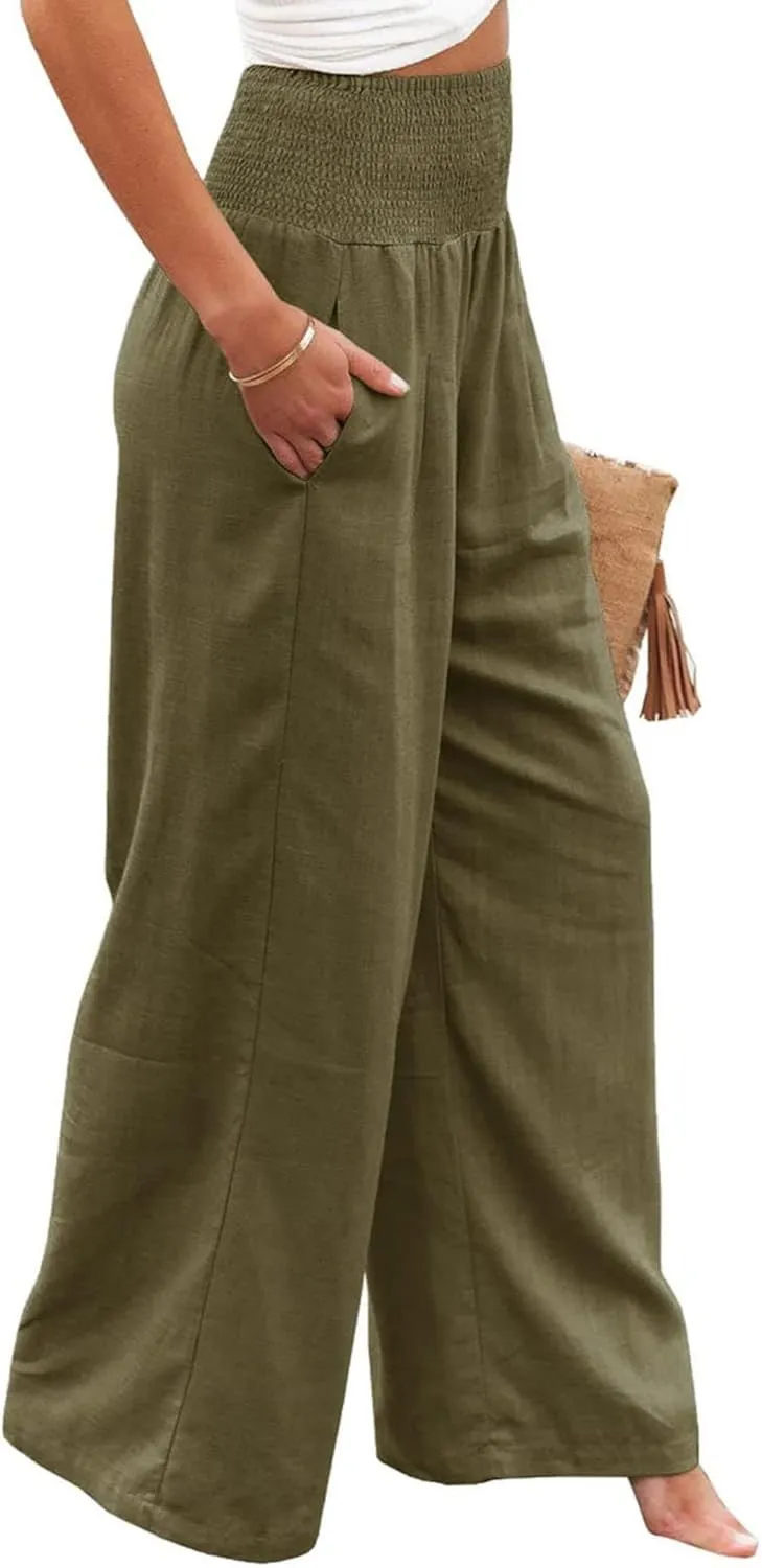 Cotton Linen Palazzo Pants for Women Summer High Waisted Wide Leg Long Casual Baggy Pant Loose Trousers with Pockets