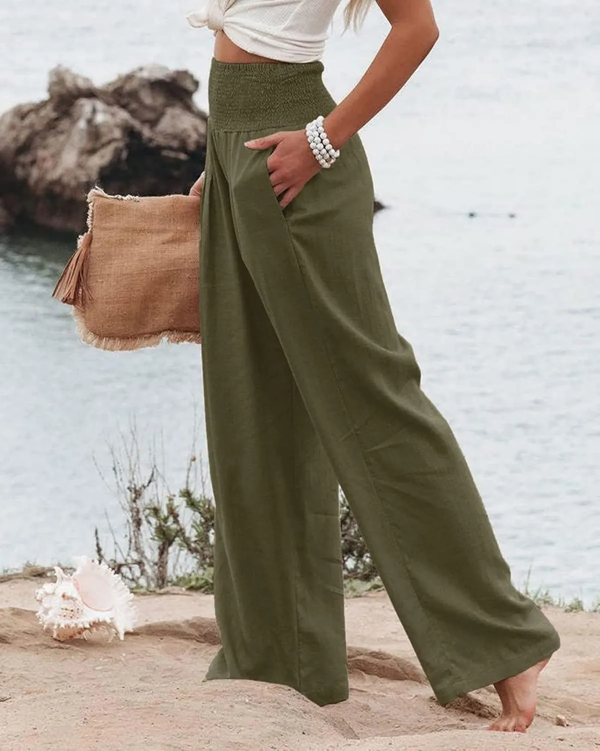 Cotton Linen Palazzo Pants for Women Summer High Waisted Wide Leg Long Casual Baggy Pant Loose Trousers with Pockets