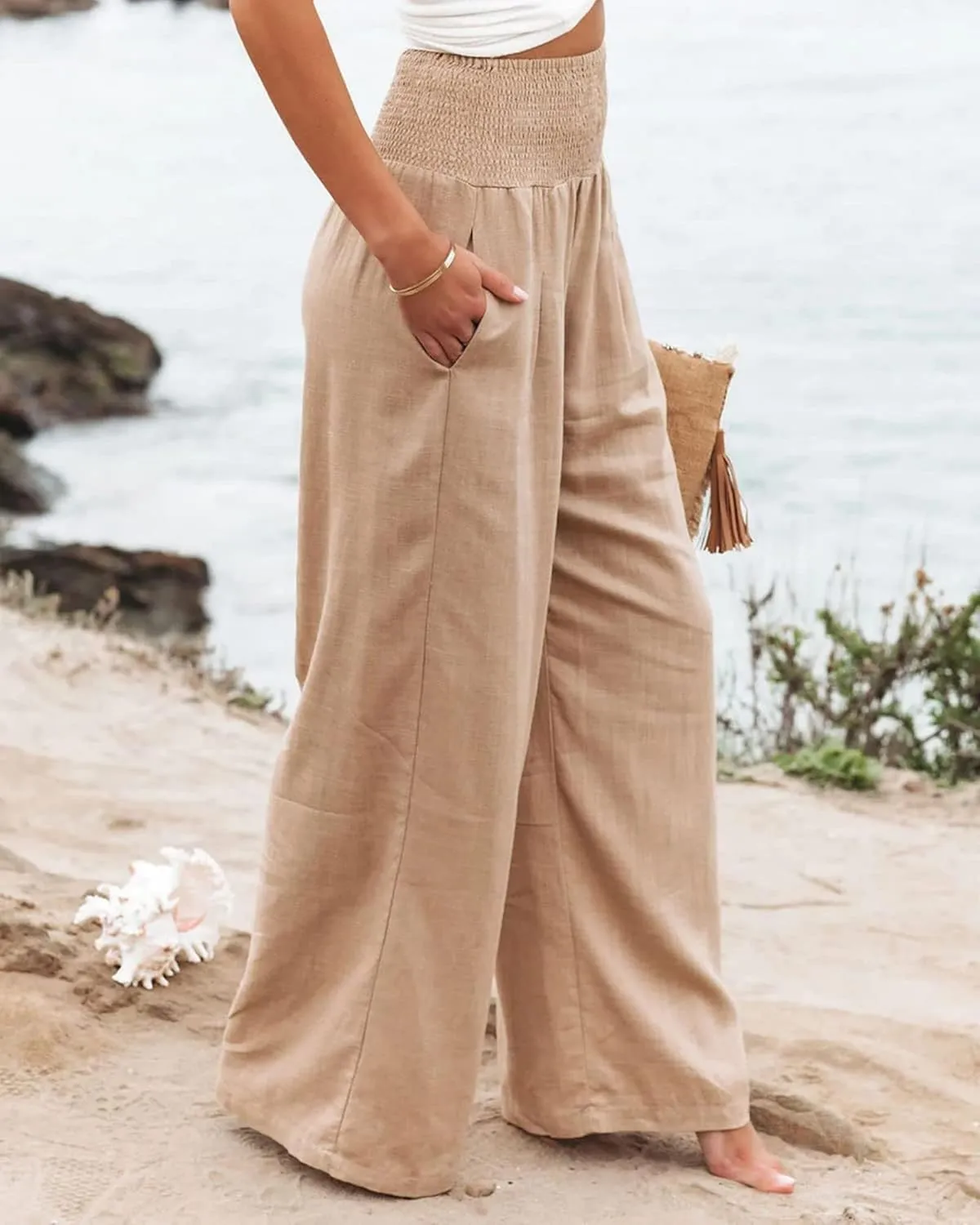 Cotton Linen Palazzo Pants for Women Summer High Waisted Wide Leg Long Casual Baggy Pant Loose Trousers with Pockets