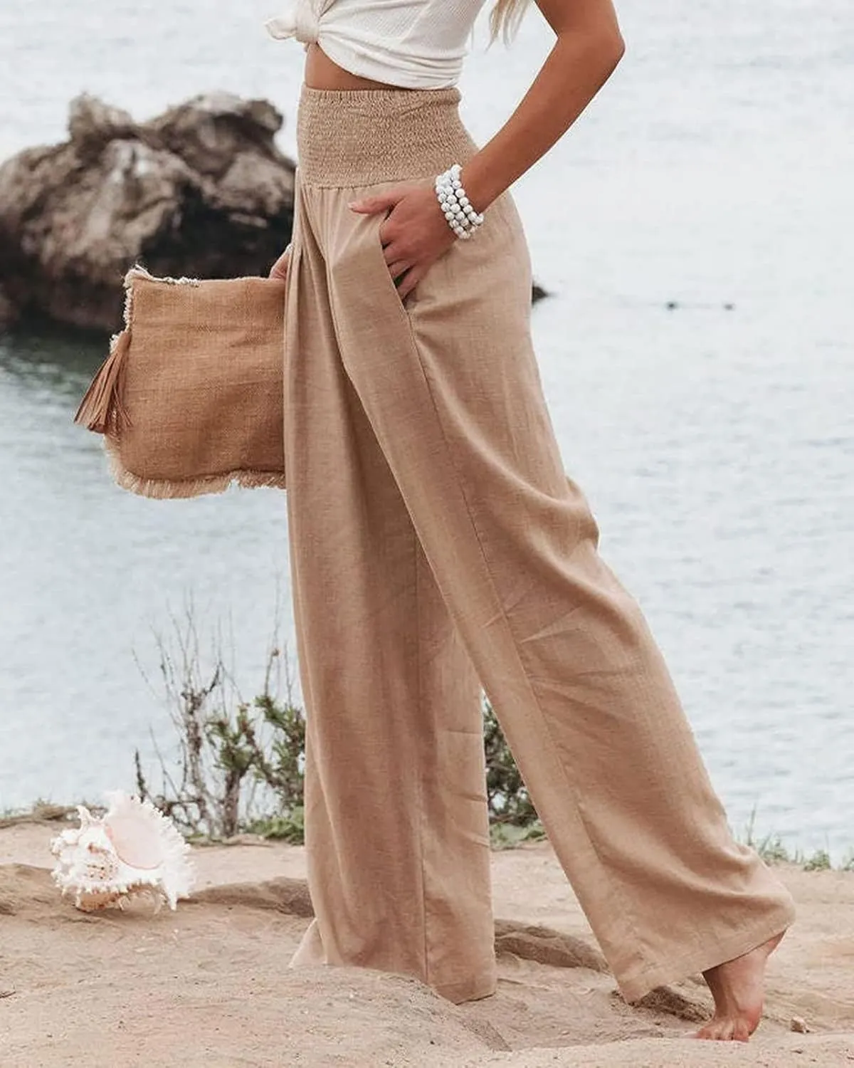 Cotton Linen Palazzo Pants for Women Summer High Waisted Wide Leg Long Casual Baggy Pant Loose Trousers with Pockets
