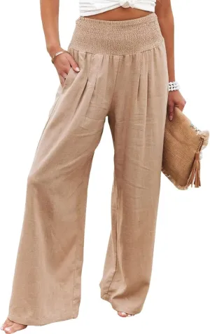 Cotton Linen Palazzo Pants for Women Summer High Waisted Wide Leg Long Casual Baggy Pant Loose Trousers with Pockets