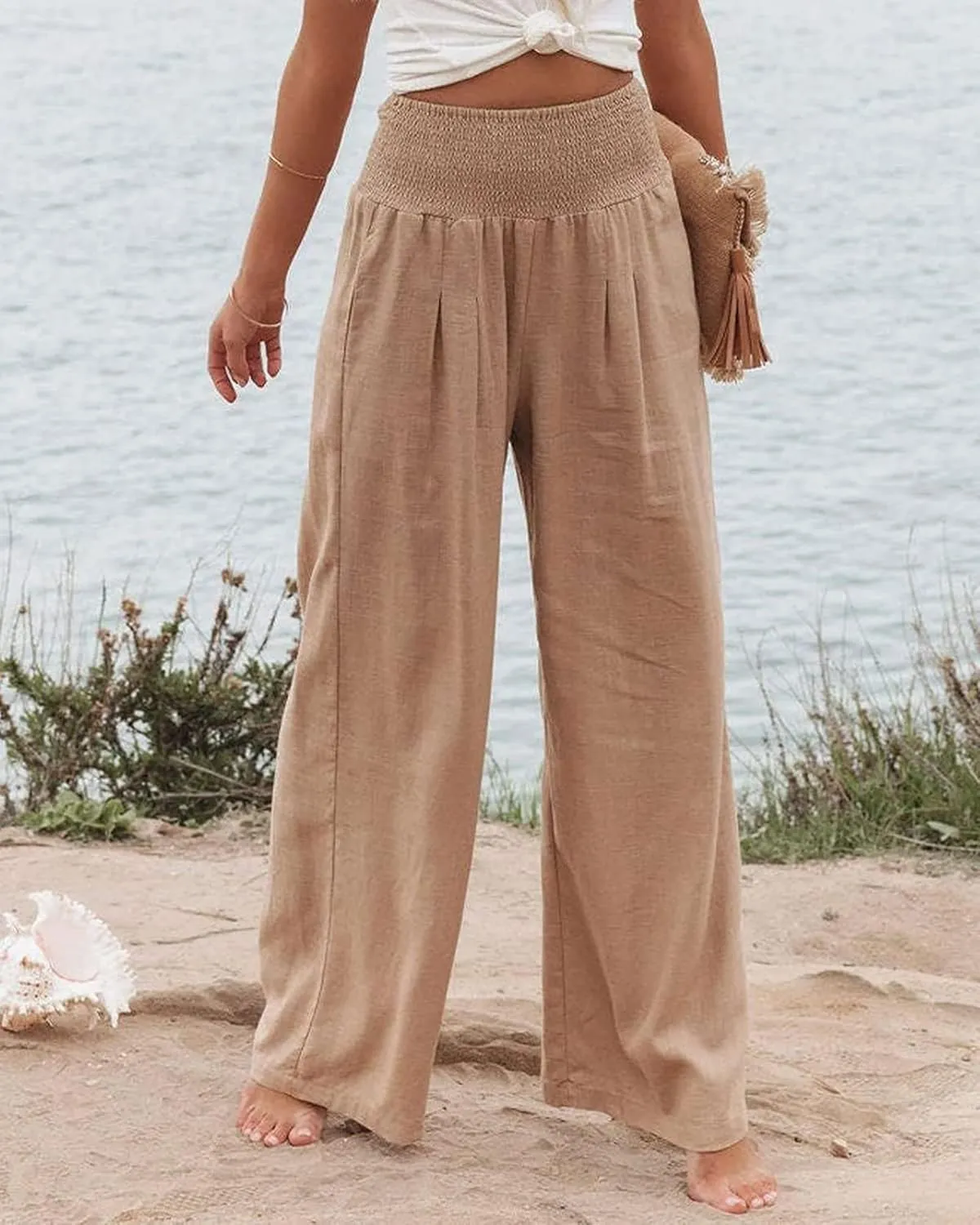 Cotton Linen Palazzo Pants for Women Summer High Waisted Wide Leg Long Casual Baggy Pant Loose Trousers with Pockets