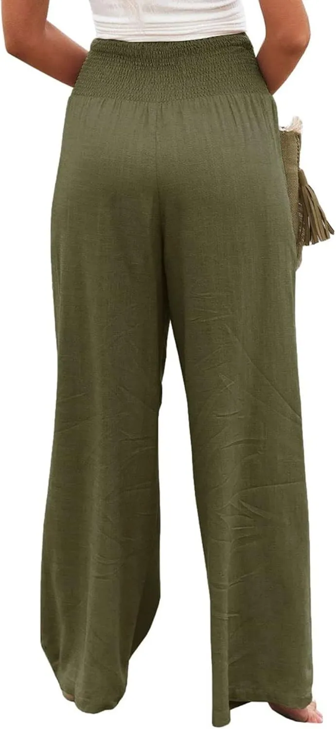 Cotton Linen Palazzo Pants for Women Summer High Waisted Wide Leg Long Casual Baggy Pant Loose Trousers with Pockets
