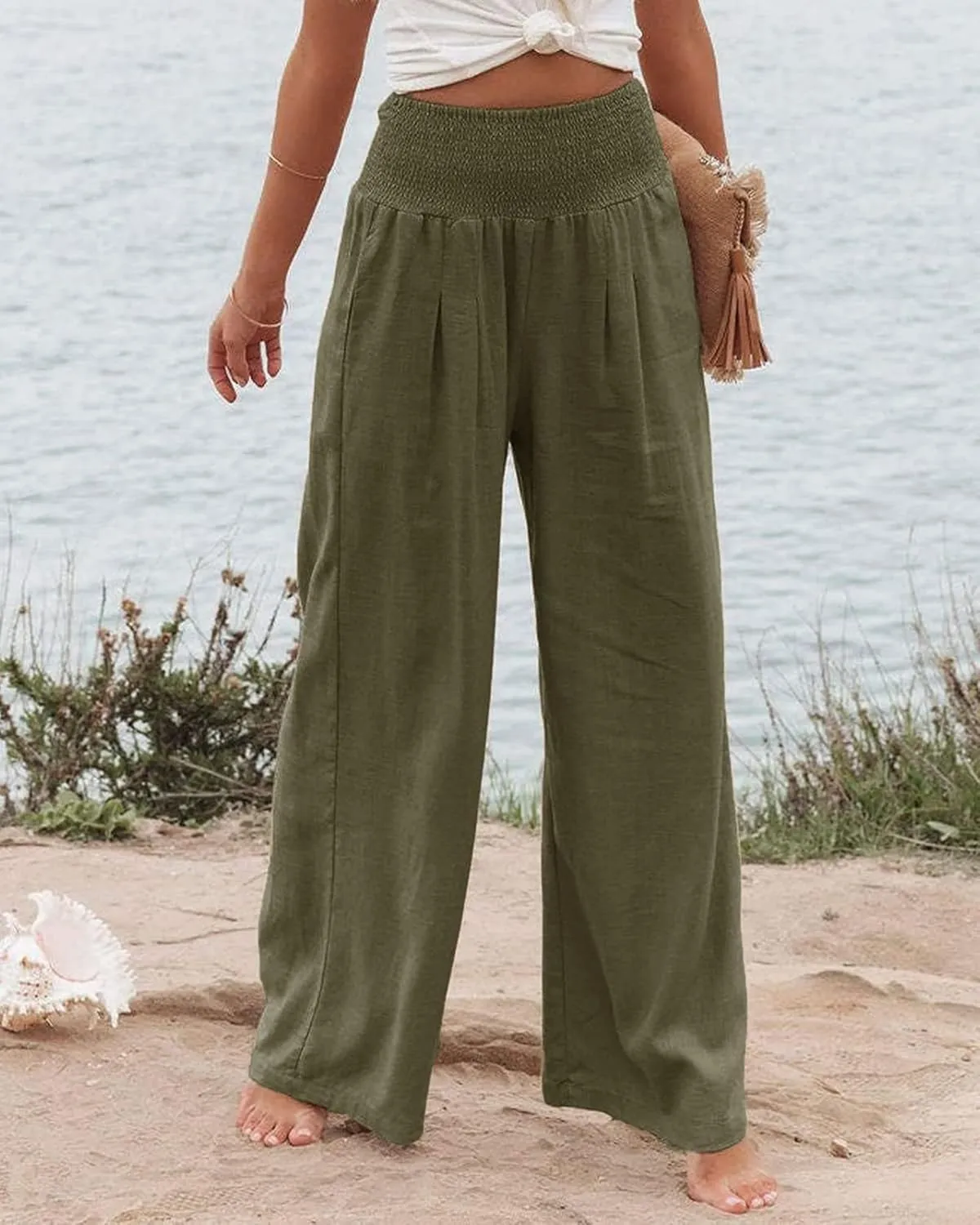 Cotton Linen Palazzo Pants for Women Summer High Waisted Wide Leg Long Casual Baggy Pant Loose Trousers with Pockets