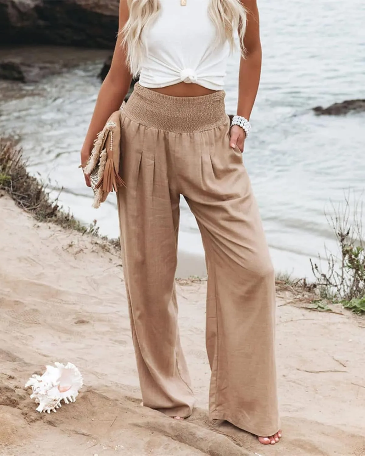 Cotton Linen Palazzo Pants for Women Summer High Waisted Wide Leg Long Casual Baggy Pant Loose Trousers with Pockets