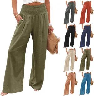 Cotton Linen Palazzo Pants for Women Summer High Waisted Wide Leg Long Casual Baggy Pant Loose Trousers with Pockets