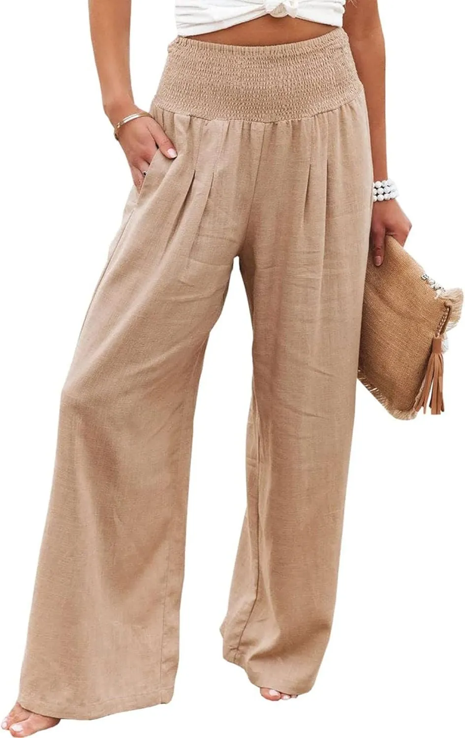 Cotton Linen Palazzo Pants for Women Summer High Waisted Wide Leg Long Casual Baggy Pant Loose Trousers with Pockets