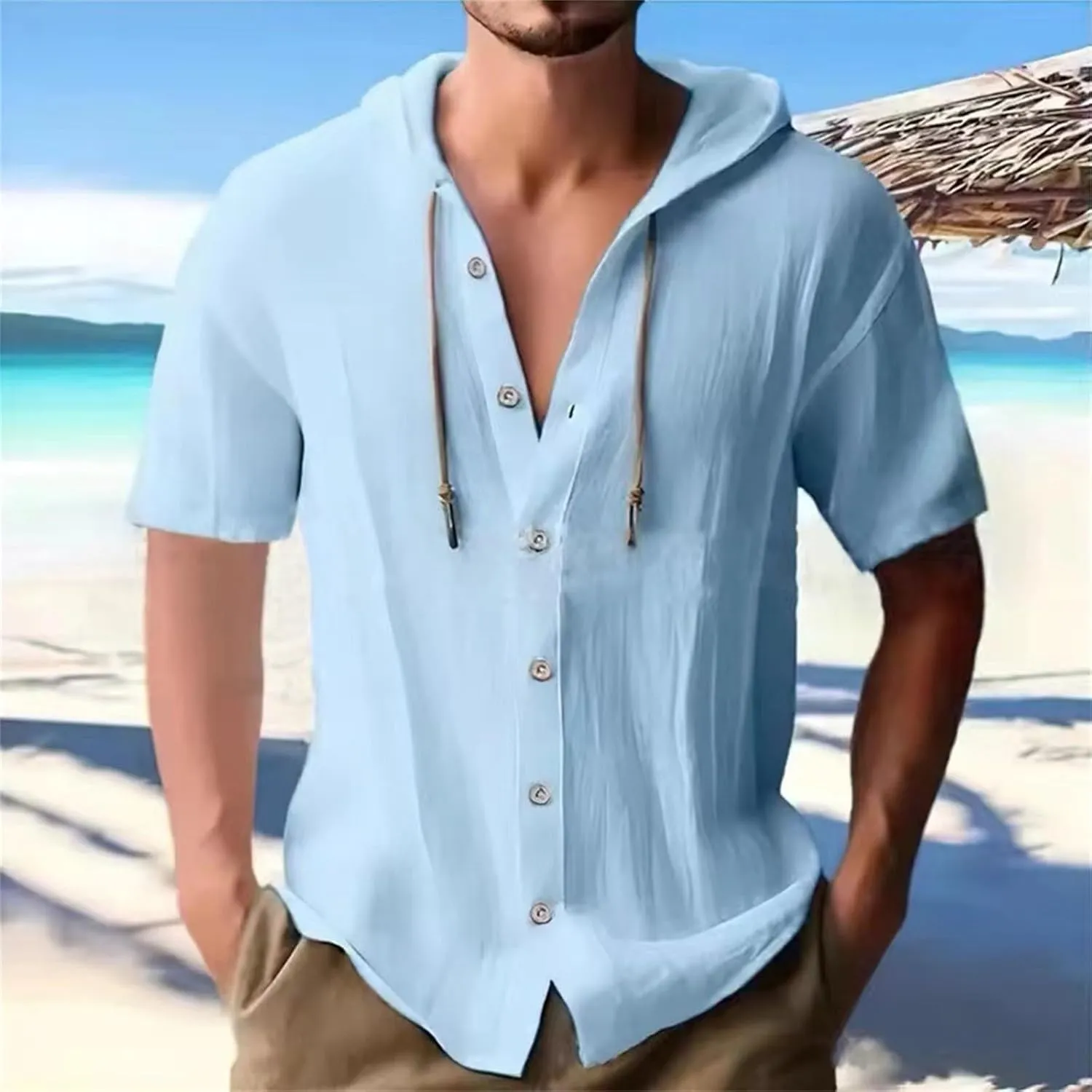 Cotton Linen Shirts for Men Hoodie Tops Casual Lightweight Long Sleeve Henley Beach Shirt Loose Hawaiian Hippie Shirt