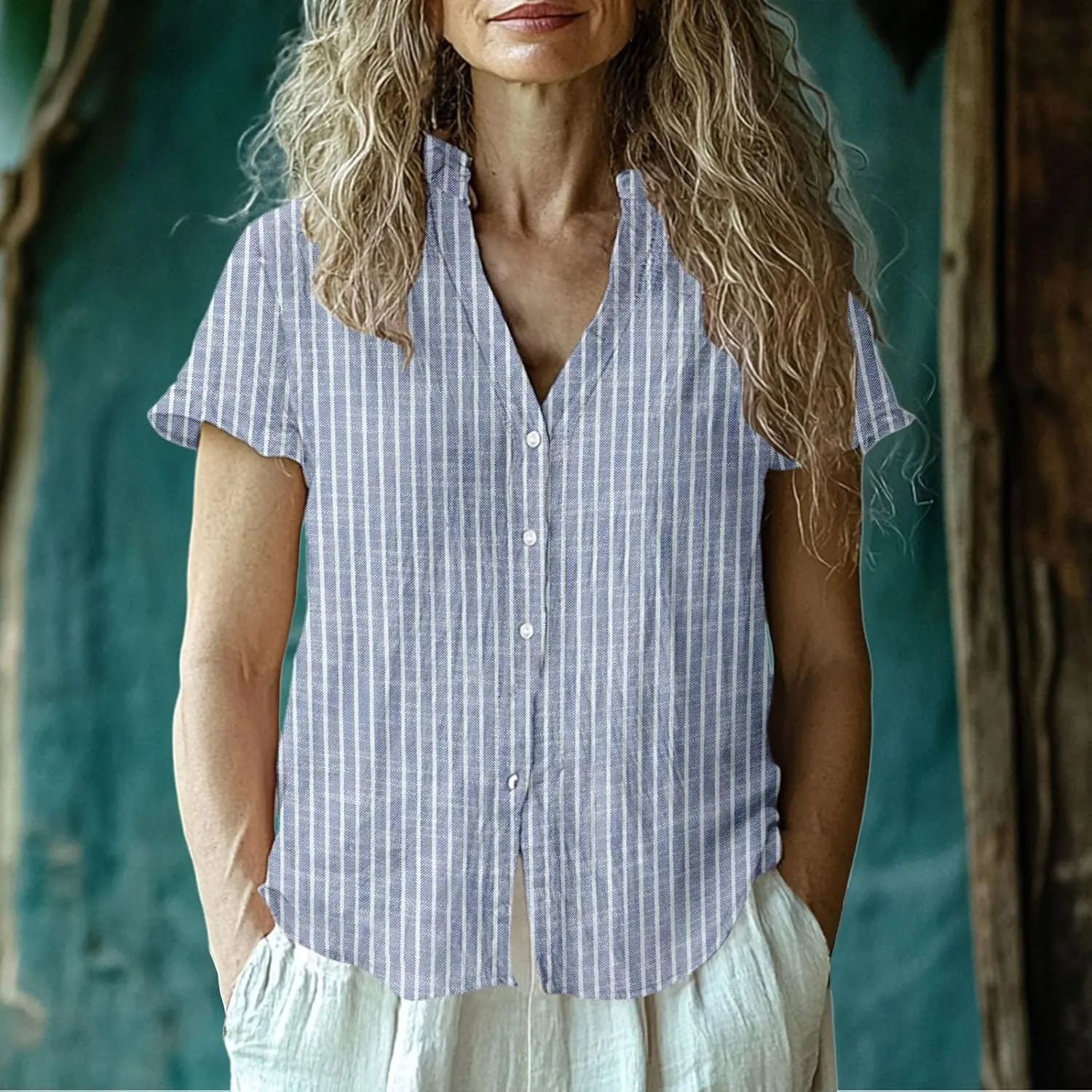 Cotton Linen Shirts for Women Summer Button Down Tops Short Sleeve Dressy Casual Blouses Bohemian Gauze Tshirts