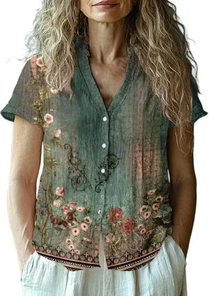 Cotton Linen Shirts for Women Summer Button Down Tops Short Sleeve Dressy Casual Blouses Bohemian Gauze Tshirts