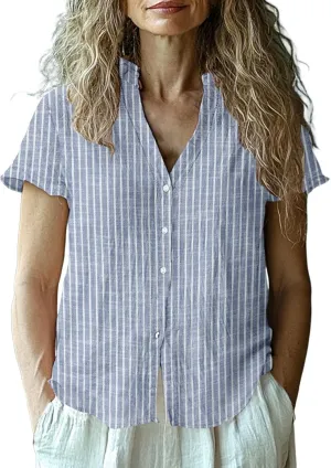Cotton Linen Shirts for Women Summer Button Down Tops Short Sleeve Dressy Casual Blouses Bohemian Gauze Tshirts