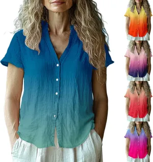 Cotton Linen Shirts for Women Summer Button Down Tops Short Sleeve Dressy Casual Blouses Bohemian Gauze Tshirts