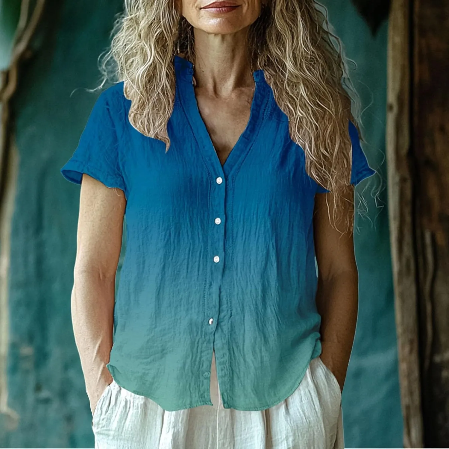 Cotton Linen Shirts for Women Summer Button Down Tops Short Sleeve Dressy Casual Blouses Bohemian Gauze Tshirts