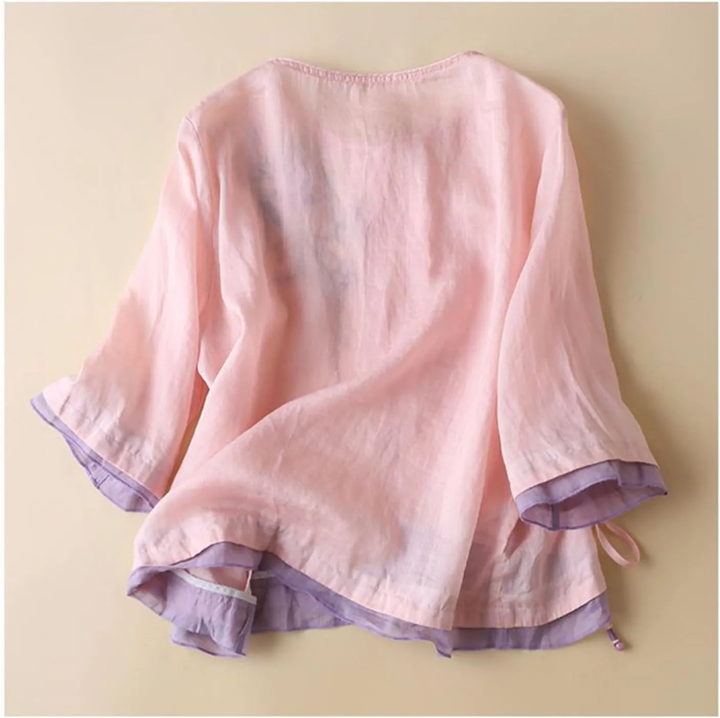 Cotton Linen Tops for Women Summer Casual 3/4 Sleeve T Shirts Mexico Ethnic Style Embroidery Blouse Button Gauze Tops
