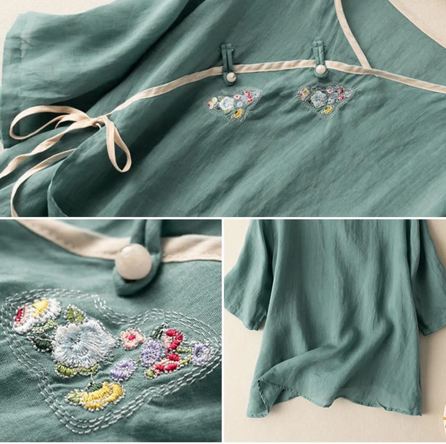 Cotton Linen Tops for Women Summer Casual 3/4 Sleeve T Shirts Mexico Ethnic Style Embroidery Blouse Button Gauze Tops