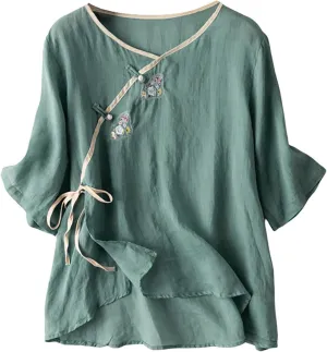 Cotton Linen Tops for Women Summer Casual 3/4 Sleeve T Shirts Mexico Ethnic Style Embroidery Blouse Button Gauze Tops