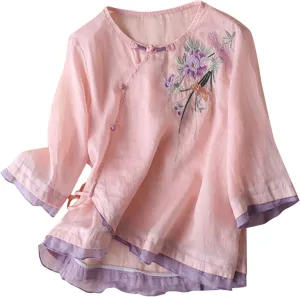 Cotton Linen Tops for Women Summer Casual 3/4 Sleeve T Shirts Mexico Ethnic Style Embroidery Blouse Button Gauze Tops