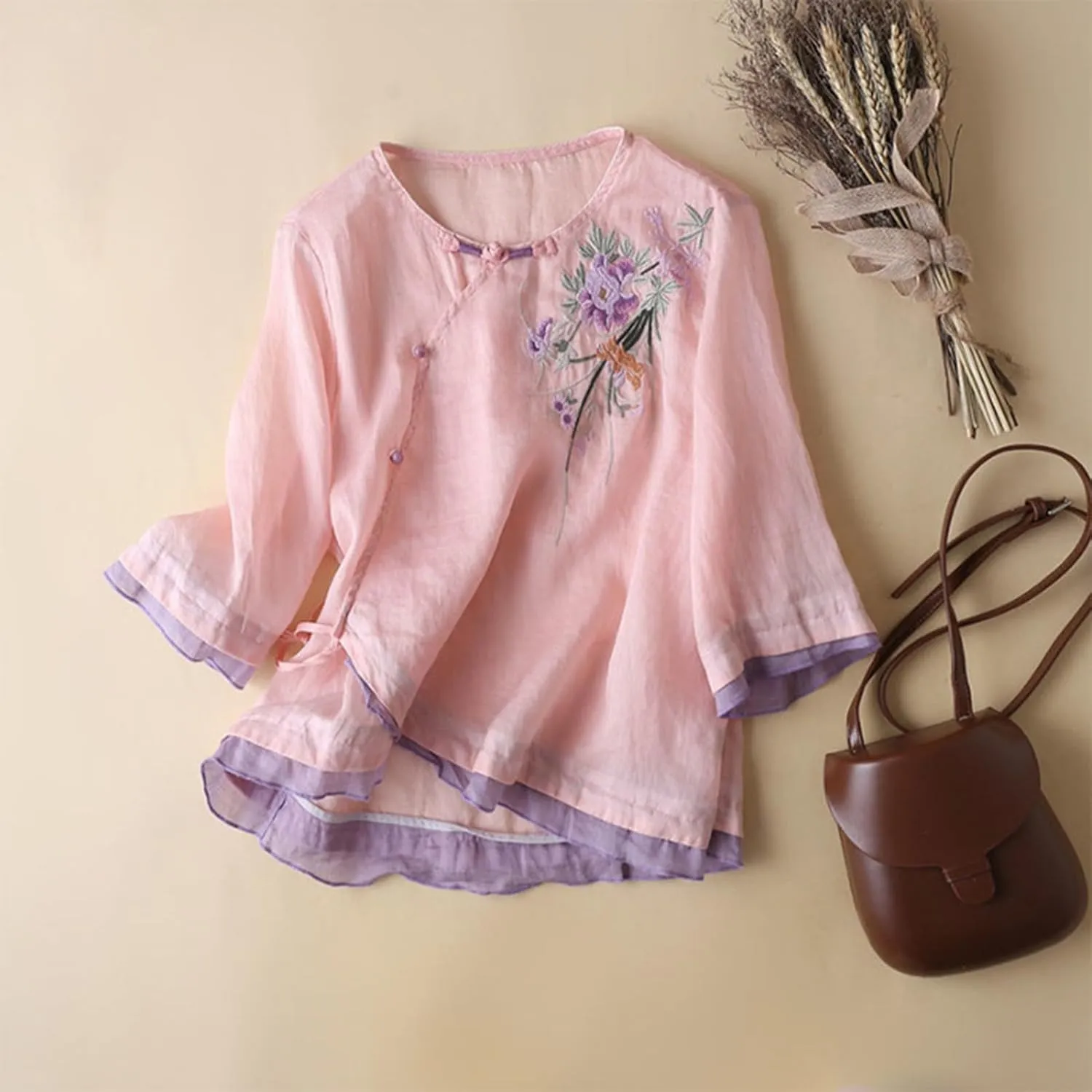Cotton Linen Tops for Women Summer Casual 3/4 Sleeve T Shirts Mexico Ethnic Style Embroidery Blouse Button Gauze Tops
