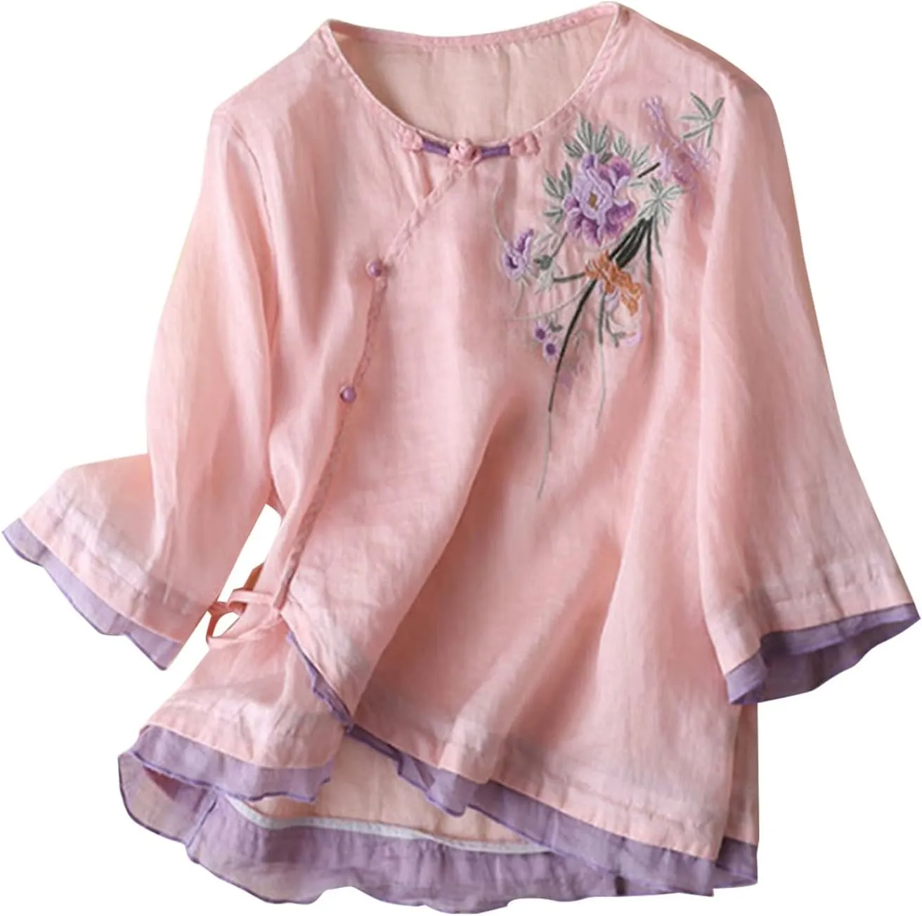 Cotton Linen Tops for Women Summer Casual 3/4 Sleeve T Shirts Mexico Ethnic Style Embroidery Blouse Button Gauze Tops