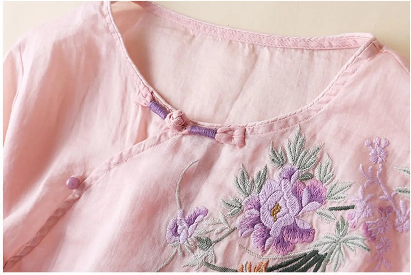 Cotton Linen Tops for Women Summer Casual 3/4 Sleeve T Shirts Mexico Ethnic Style Embroidery Blouse Button Gauze Tops