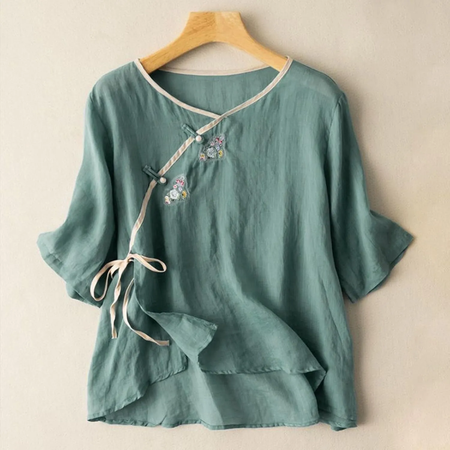 Cotton Linen Tops for Women Summer Casual 3/4 Sleeve T Shirts Mexico Ethnic Style Embroidery Blouse Button Gauze Tops