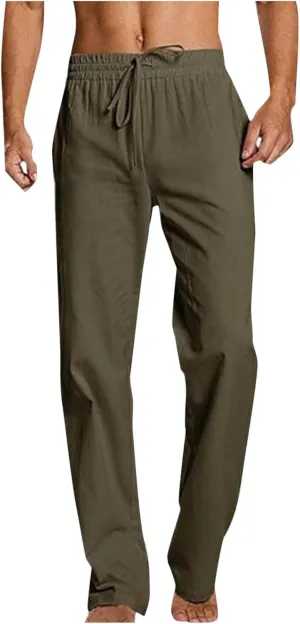 Cotton Linen Trousers for Men Trendy Elastic Drawstring Waist Pants Solid Casual Pant Summer Beach Vacation Clothing