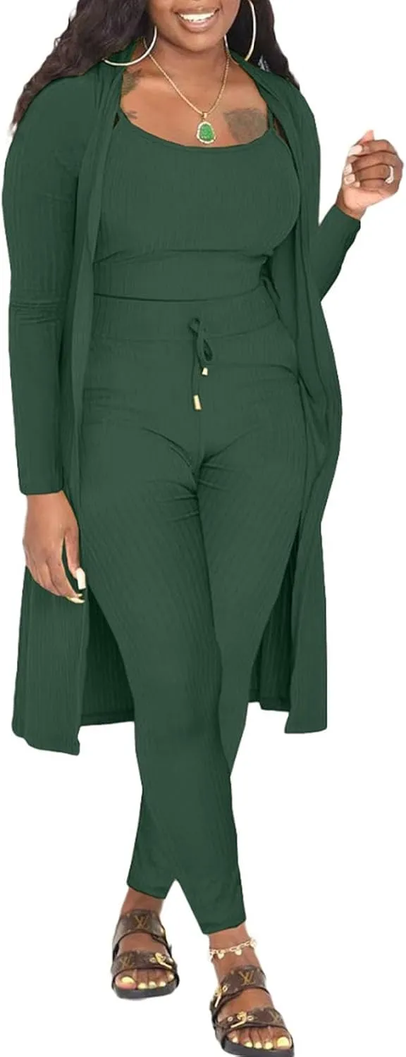 CROSTRITON Womens 3 Piece Outfits Ribbed Long Sleeve Cardigan Cover Up Crop Top Pants Tracksuits Set