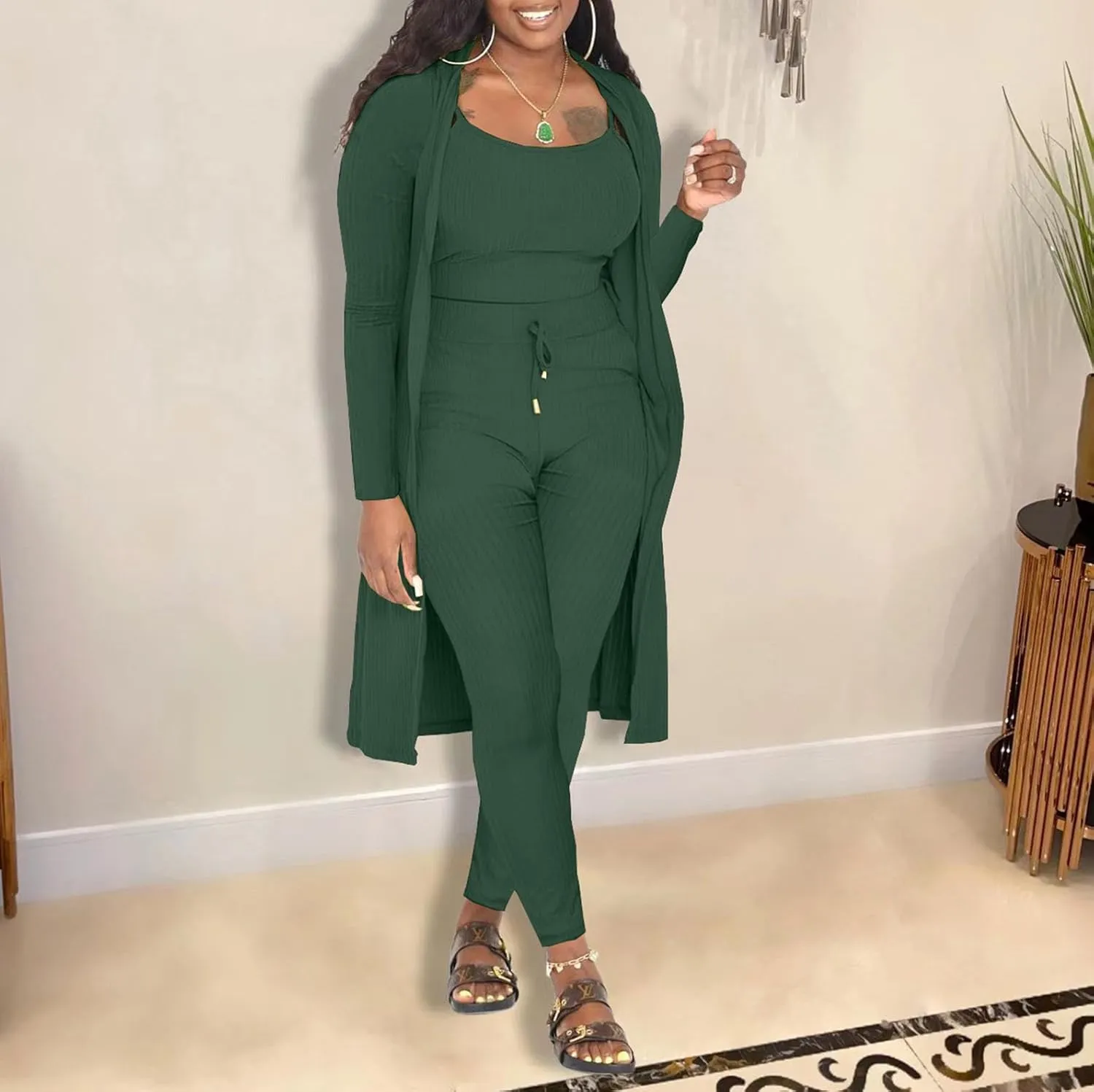 CROSTRITON Womens 3 Piece Outfits Ribbed Long Sleeve Cardigan Cover Up Crop Top Pants Tracksuits Set