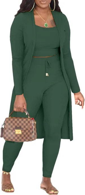 CROSTRITON Womens 3 Piece Outfits Ribbed Long Sleeve Cardigan Cover Up Crop Top Pants Tracksuits Set